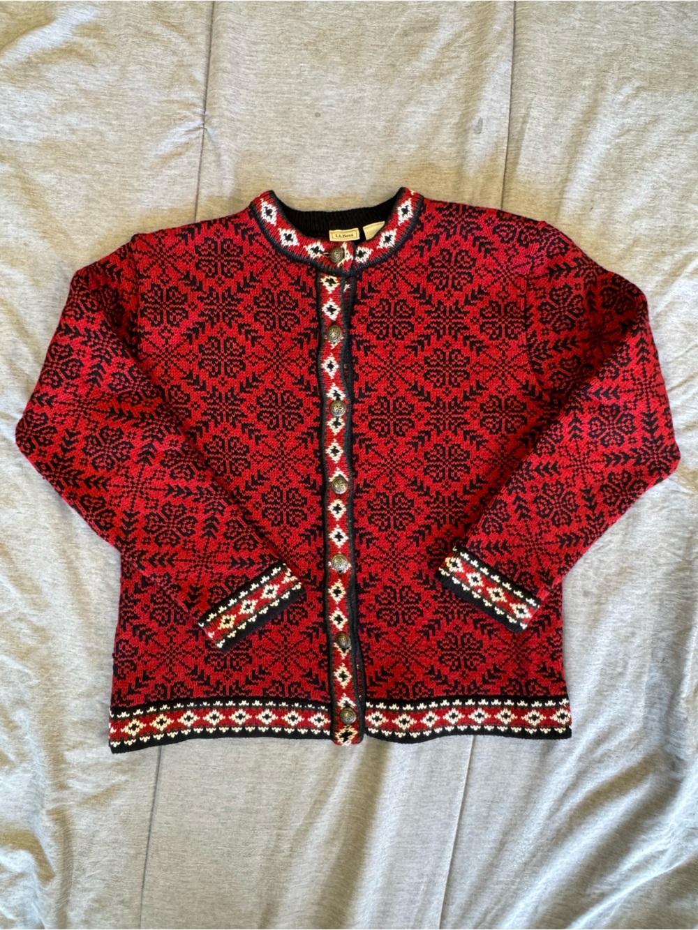 L.L. Bean Vintage Red and Black Nordic-Patterned Women's Cardigan